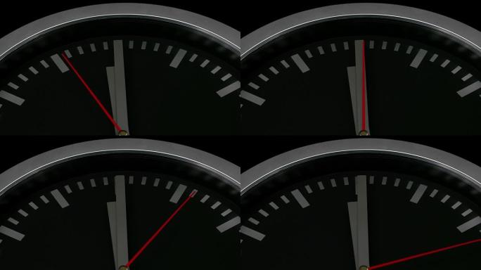 关闭在黑色背景上隔离的黑色挂钟，在十二点之前的最后十五秒滴答作响