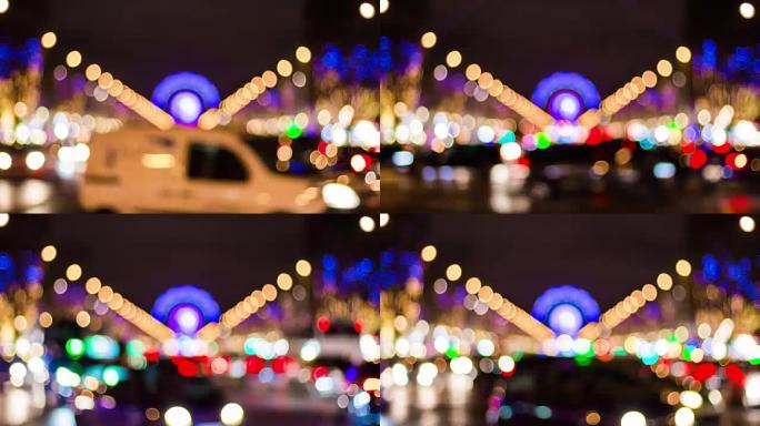 法国巴黎著名夜间照明交通香榭丽舍大道车轮模糊全景4k延时