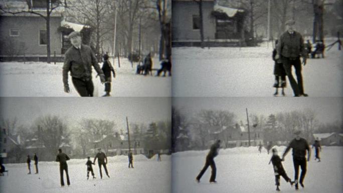 1938: 爷爷在当地临时溜冰场上炫耀滑冰技巧。