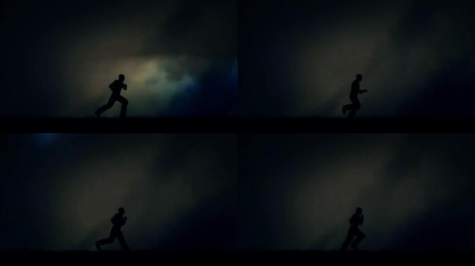 男子在夜间雷雨和雨中奔跑-循环