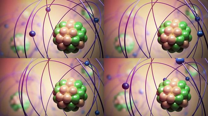 在原子中移动的基本粒子。物理概念。3D渲染循环动画。