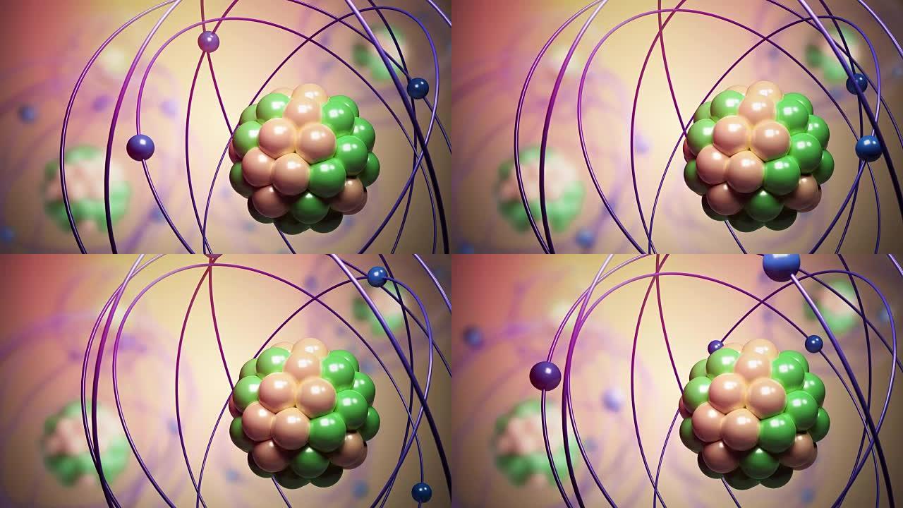 在原子中移动的基本粒子。物理概念。3D渲染循环动画。