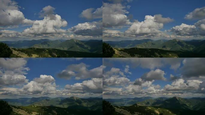 喀尔巴阡山脉中云影的绿色山丘延时