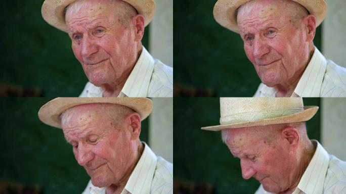 很有感情的老人肖像。戴着白帽子的祖父悲伤而沮丧。肖像: 老年人，老年人，孤独，老年人。一个沉思的老人