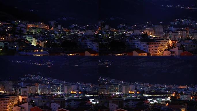 黑山的夜晚布德瓦。新城镇，最高处的景色