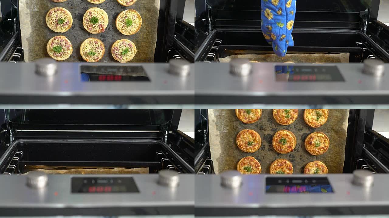在烤箱顶视图中烹饪迷你披萨，上面放着马苏里拉奶酪和火腿