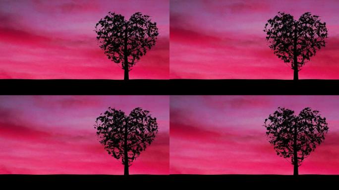 心形树和粉红色的天空