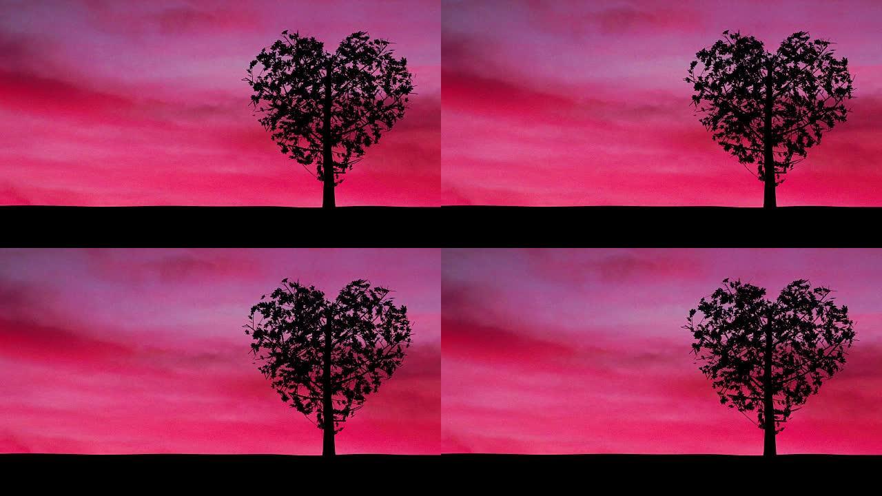 心形树和粉红色的天空