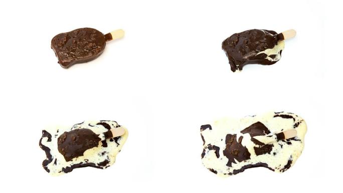 白色背景上的巧克力外部融化冰淇淋延时，4k视频