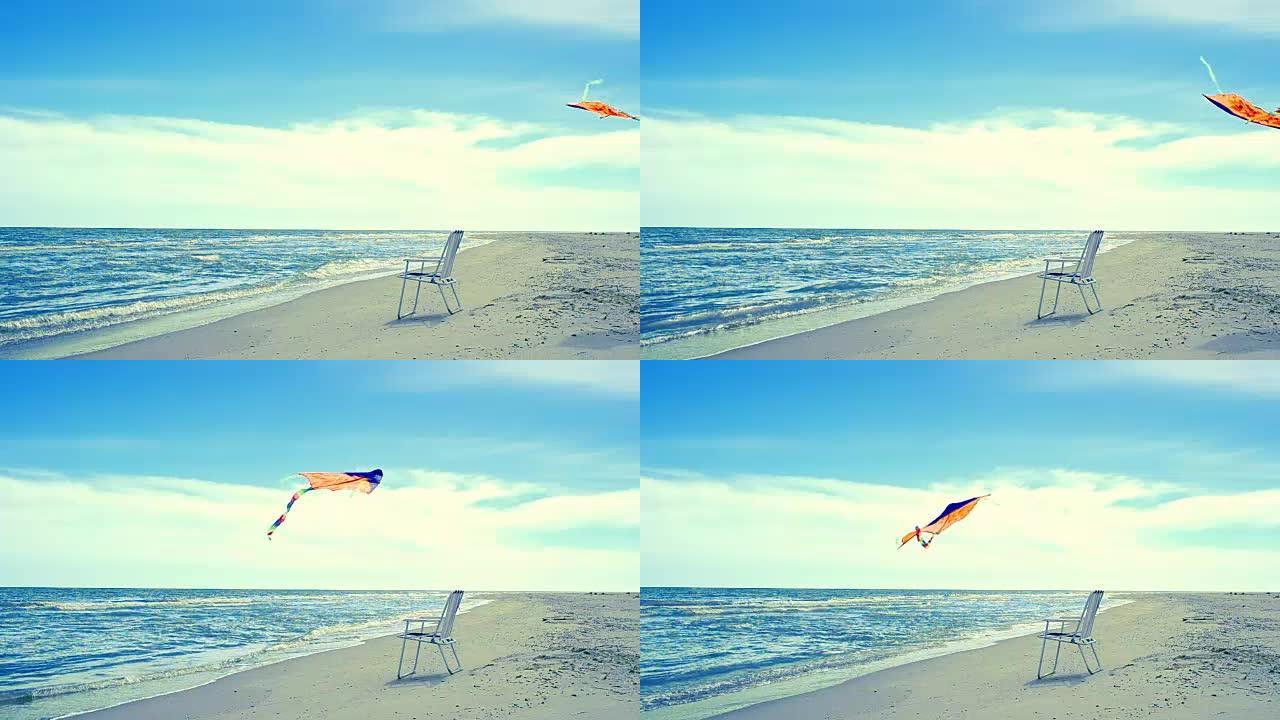 海滩上的躺椅，大海和风筝。