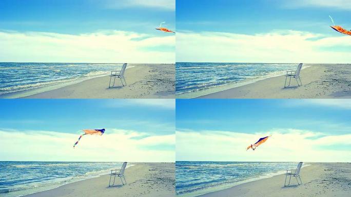海滩上的躺椅，大海和风筝。
