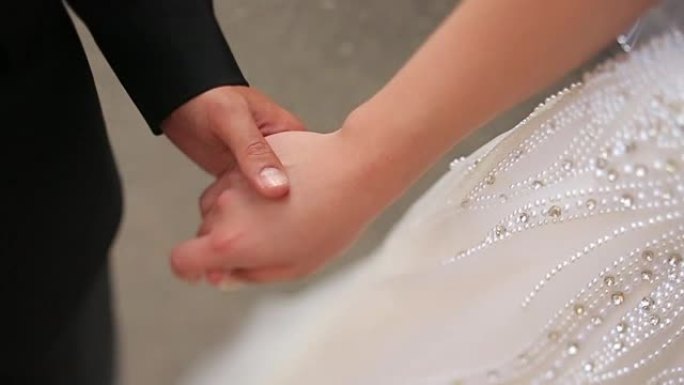 年轻的新娘和新郎在他们的婚礼上快乐。新郎轻吻美丽的金发新娘的手。背景是Sunny Lviv