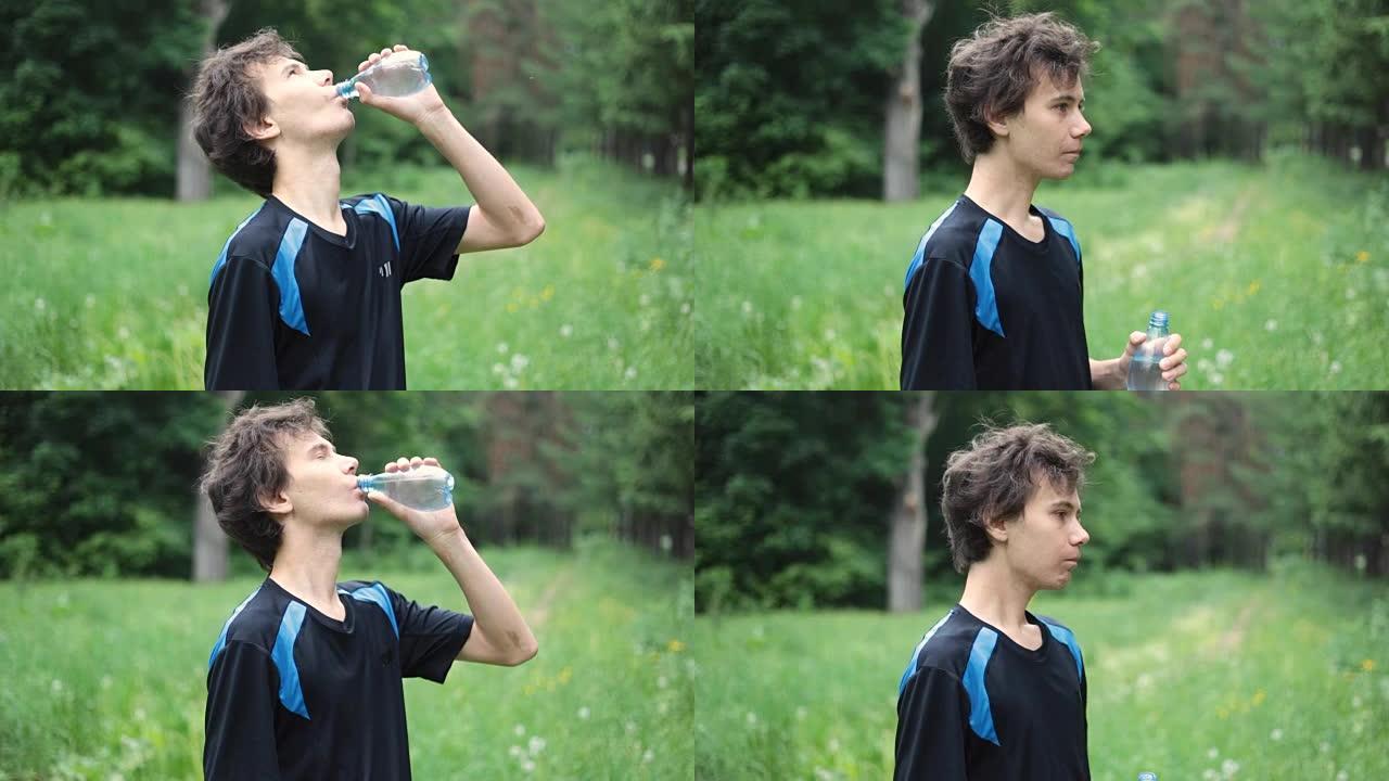 夏季森林中的人喝水