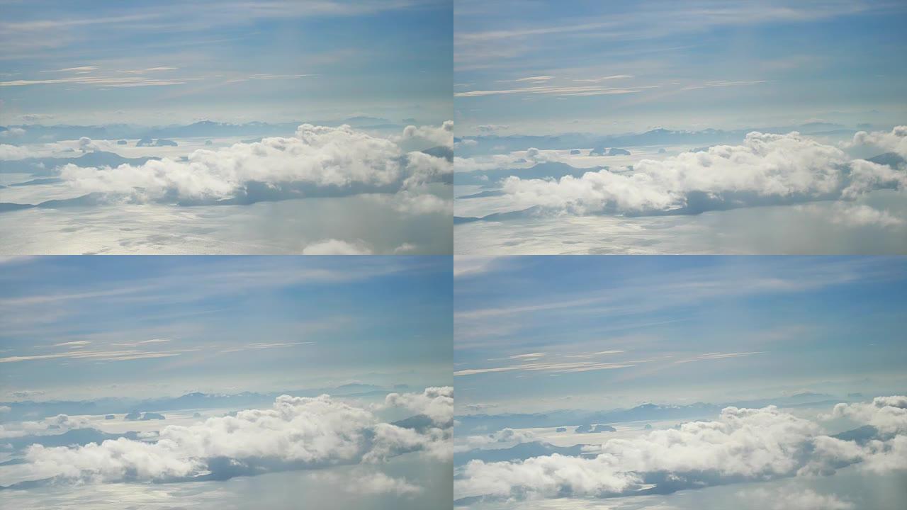 飞机的视野。飞机在云层中飞行。空中旅行概念。