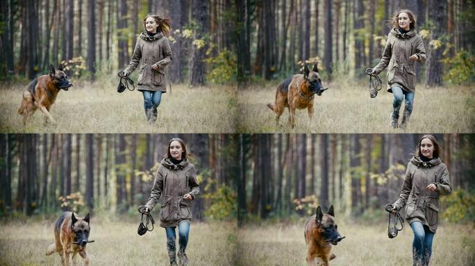 年轻女子手持皮带与牧羊犬在秋天的森林中奔跑，慢动作