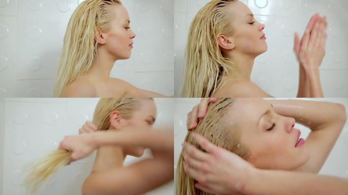 华丽性感的女人洗头发用洗发水在淋浴，洗澡