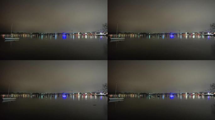 瑞士著名夜灯苏黎世湖城市景观海岸线游艇公园全景4k延时