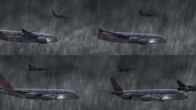 战斗机在暴风雨和雨中护送的客机-特写