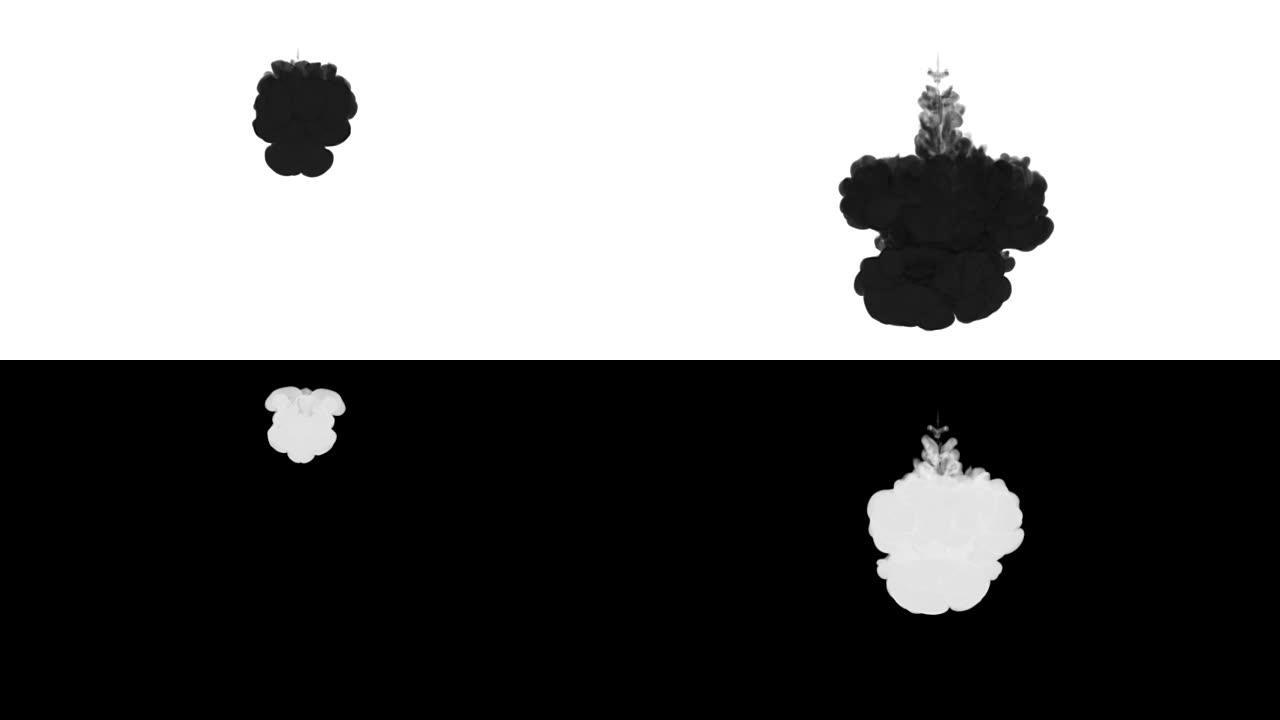 一股墨水流，注入黑色染料云或烟雾，墨水以慢动作注入白色。黑色水粉喷雾在水中。漆黑的背景或烟雾背景，用