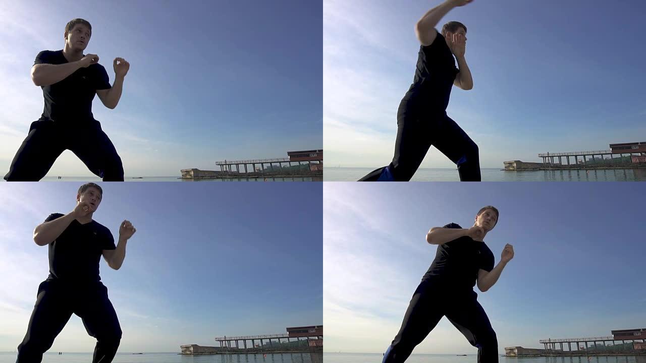 一名运动员在海边码头的户外练习拳击