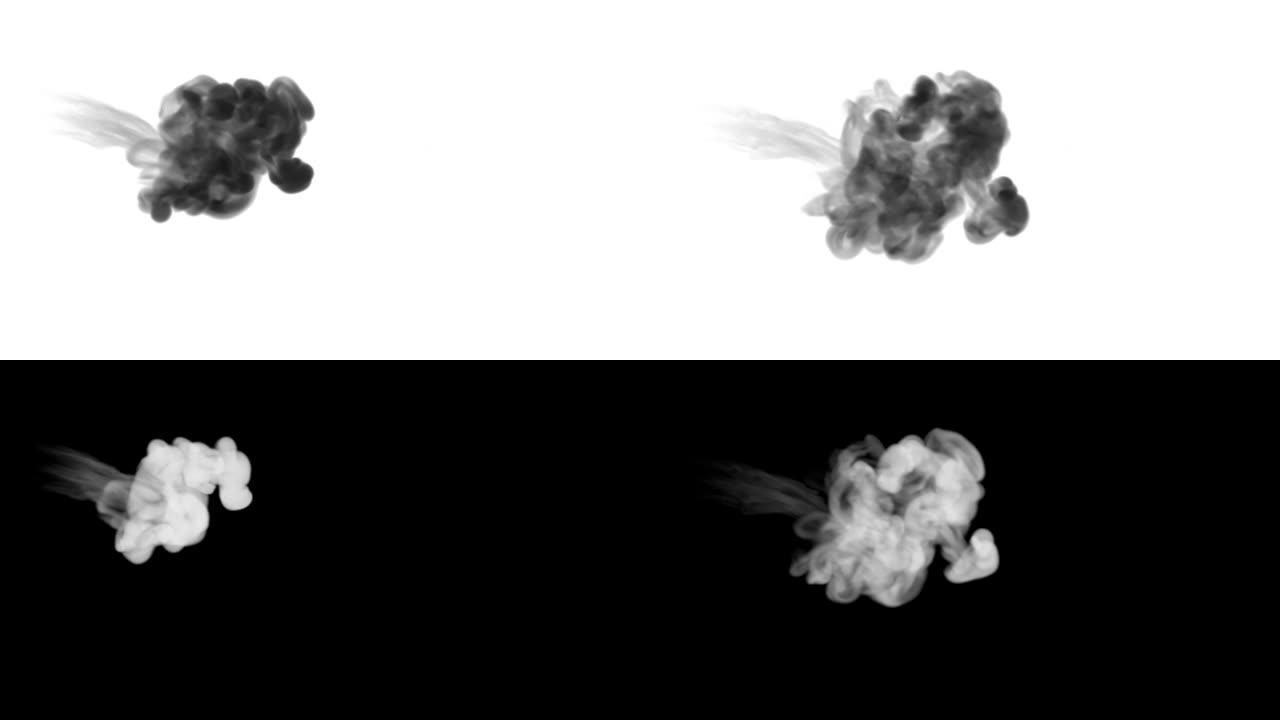 一股墨水流，注入黑色染料云或烟雾，墨水以慢动作注入白色。黑色水粉溶解在水中。漆黑的背景或烟雾背景，用