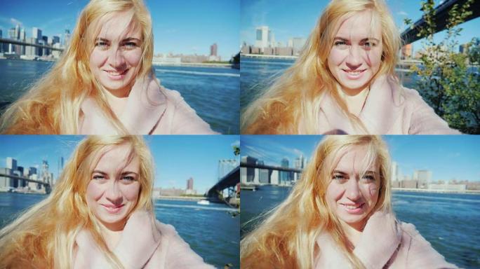 年轻迷人的女人在布鲁克林大桥和曼哈顿背景下的视频中自杀