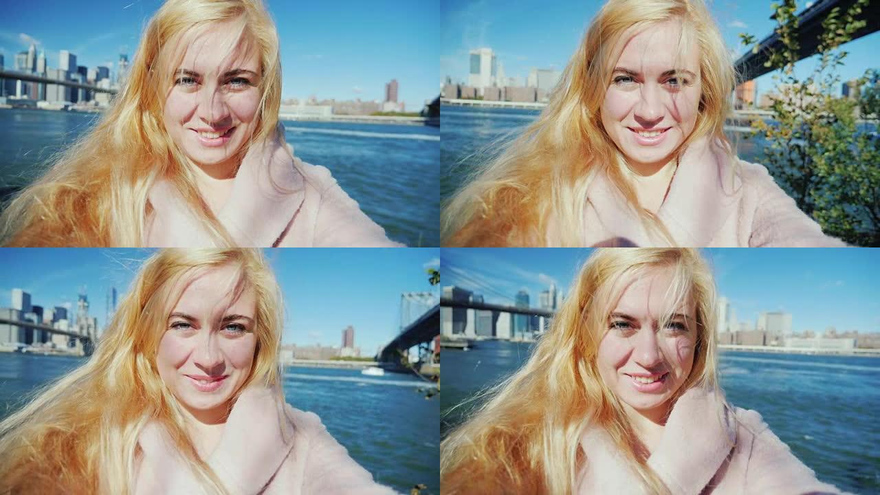 年轻迷人的女人在布鲁克林大桥和曼哈顿背景下的视频中自杀