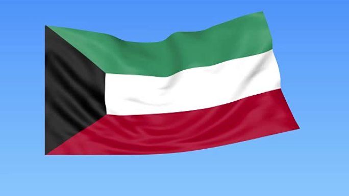 挥舞着科威特国旗，无缝循环。精确的尺寸，蓝色背景。所有国家的一部分。全高清