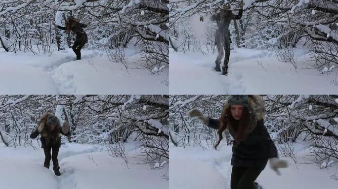 美丽受惊的女孩在白雪皑皑的森林中逃离了一个虚构的恶棍