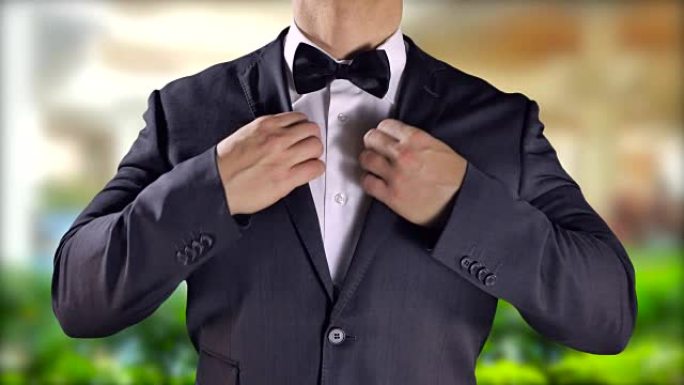 新郎优雅的男士燕尾服黑色领结，目的地婚礼，快乐的生活方式