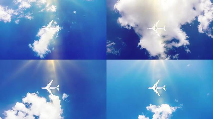 飞机在晴天蓝天下飞行。循环视频，延时