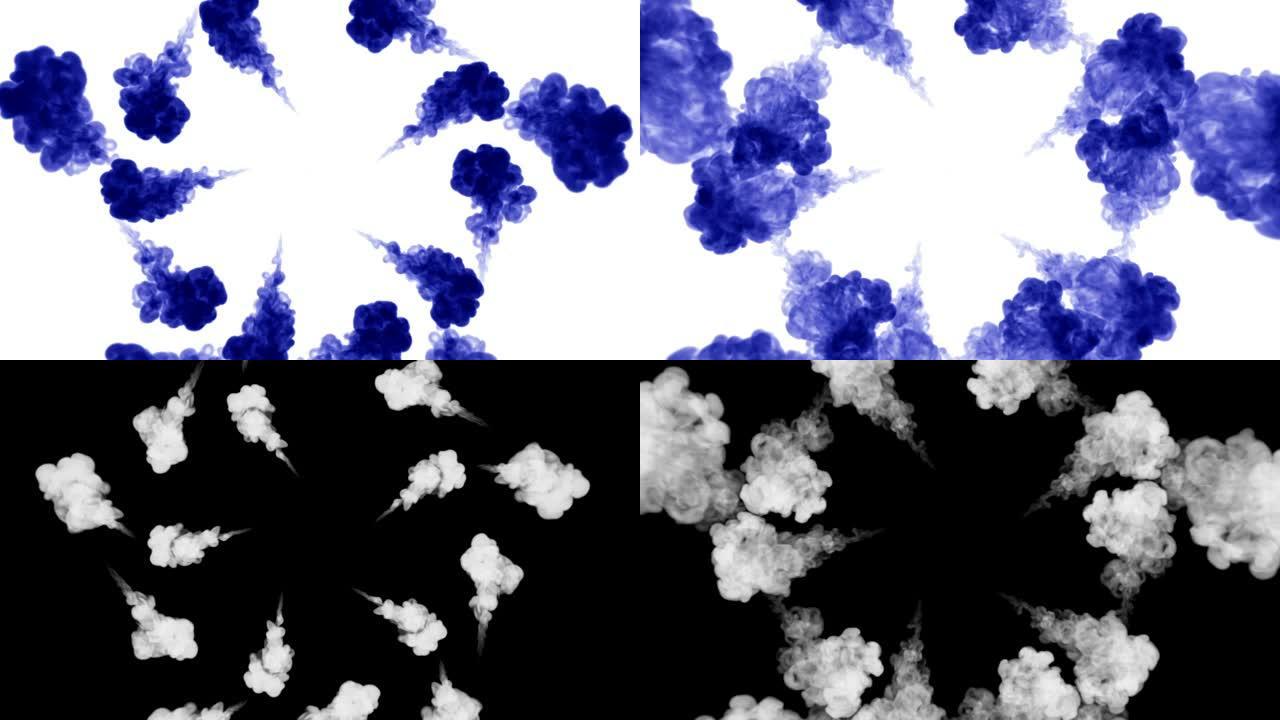 一滴孤立的蓝色墨水在白色上的头顶拍摄。蓝色墨水在水中，以慢动作移动。用于带有烟雾或墨水效果的漆黑背景