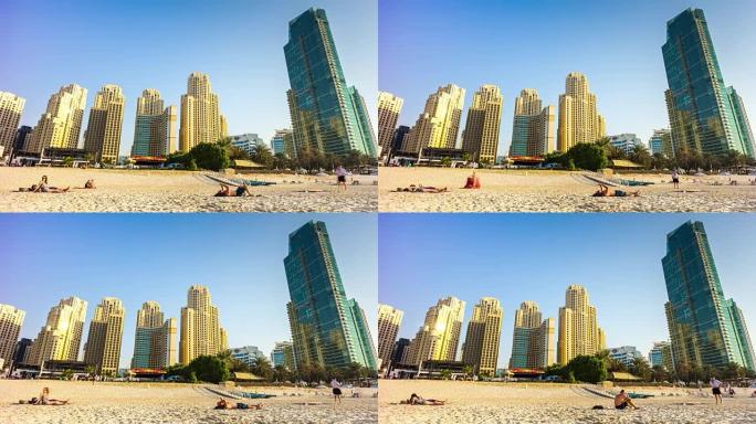 阿拉伯联合酋长国迪拜码头阳光灿烂的一天日落海滩全景4k延时