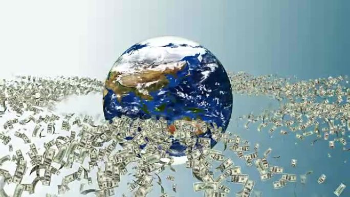 货币货币美元在地球上飞来飞去-4k视频-许多纸币在地球上旋转