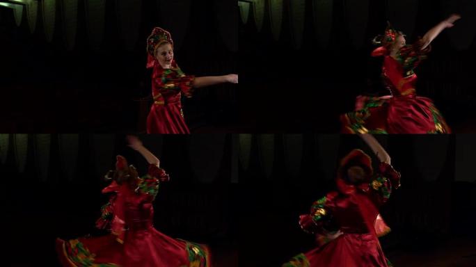 女孩在舞台上跳舞斯拉夫民族舞蹈。