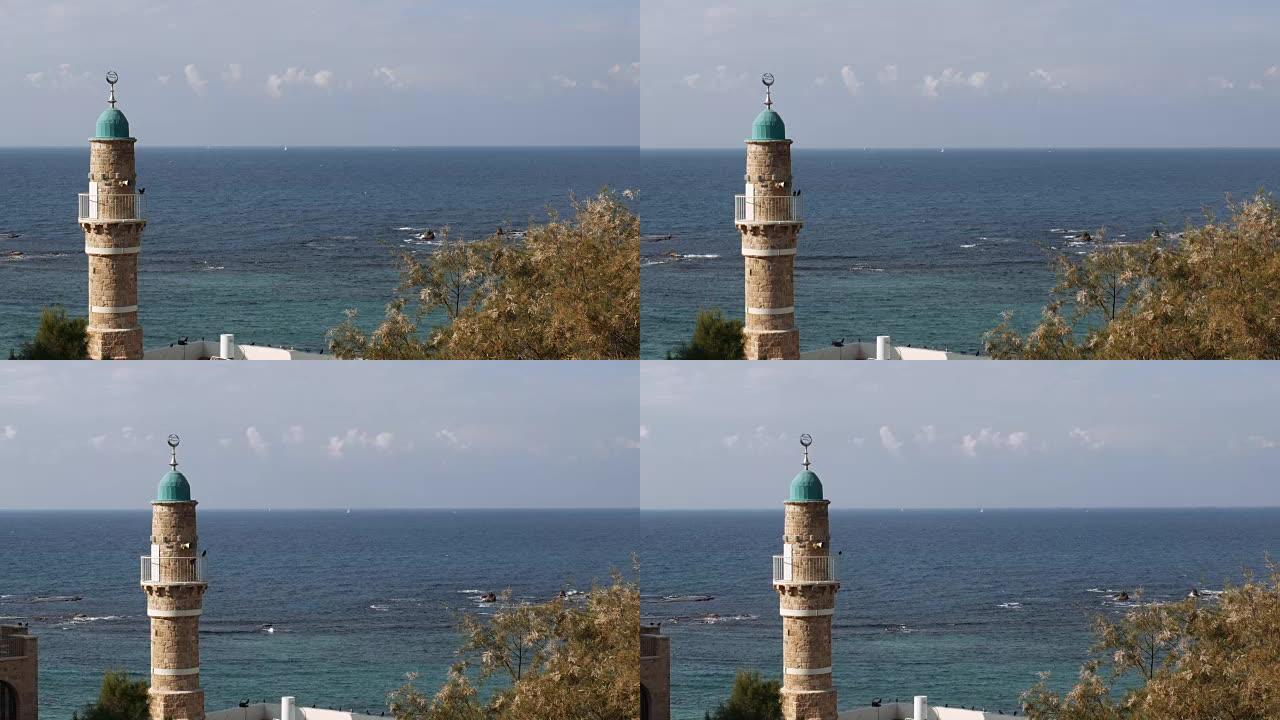 以色列特拉维夫地中海背景下的老雅法尖塔。