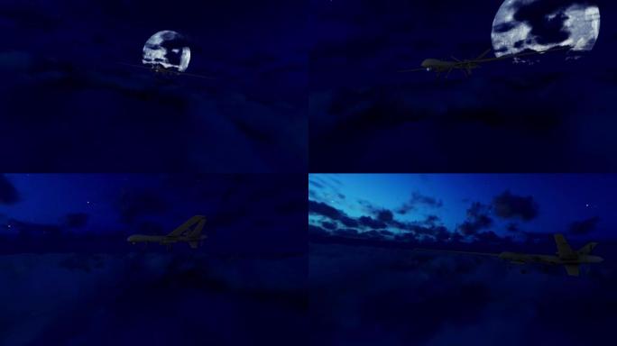 军用无人机在云层上方巡航，满月在后面