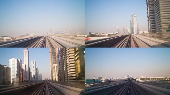 阿拉伯联合酋长国夏日迪拜市著名地铁线路骑行前全景4k延时阿联酋