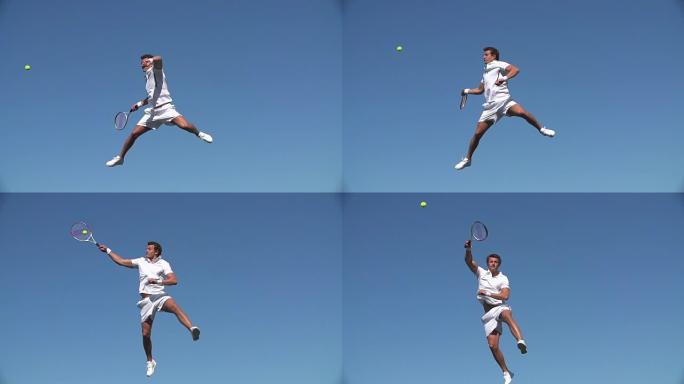 网球运动员以慢动作跳跃并抽射网球。