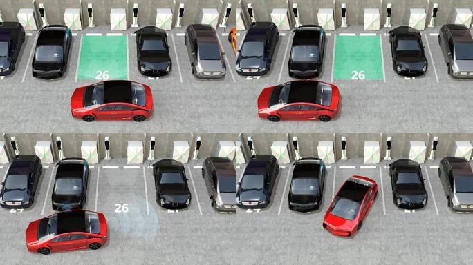 红色电动汽车在停车辅助系统导航下驶入停车场
