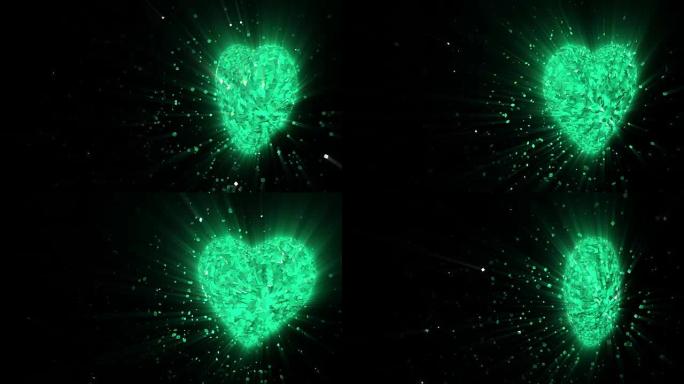 抽象循环动画背景: 旋转发光3d翡翠心形成碎片和绿色旋转的立方体与杂散碎片。无缝循环。