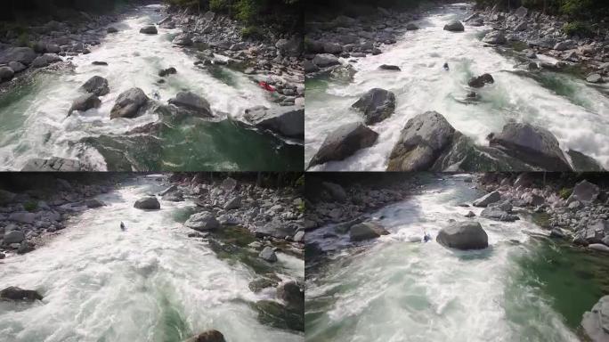 皮划艇运动员用无人驾驶飞机射击的巨石急流划下河