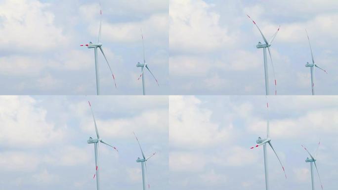 风能涡轮机，可再生电能，在蓝天下白云