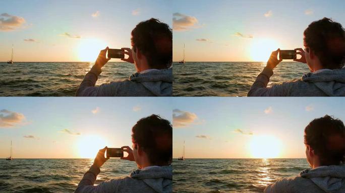 年轻的成年人拍摄了三张太阳落在地平线上的照片