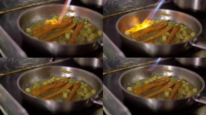 将其倒入火锅中。用明火在煎锅里煎蔬菜。弗拉姆风格的厨房。慢动作。特写