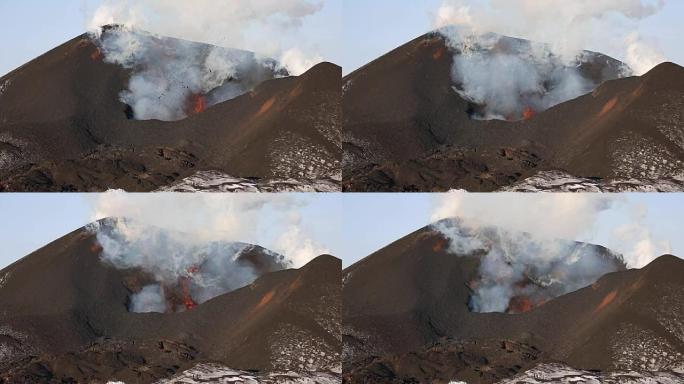 喷发活火山-火山口渗出: 熔岩，气体，蒸汽，火山灰。堪察加半岛