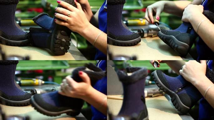 鞋类制造。工人调整靴子的鞋底