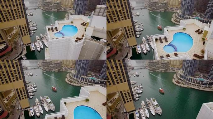 阿联酋迪拜摩天大楼屋顶上的水池鸟瞰图