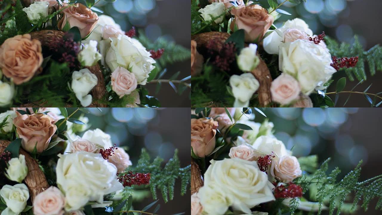 特写镜头，花束在光线中，旋转，由玫瑰卡布奇诺，雪花玫瑰，玫瑰亚娜奶油，Plamosus，桉树，sol