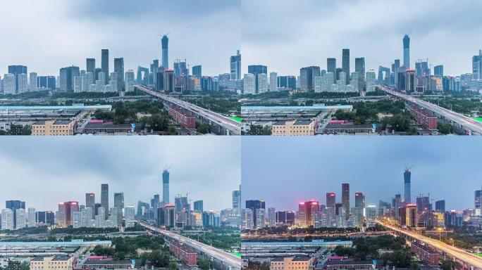 建外SOHO的时间流逝，中国北京从白天到晚上的CBD天际线